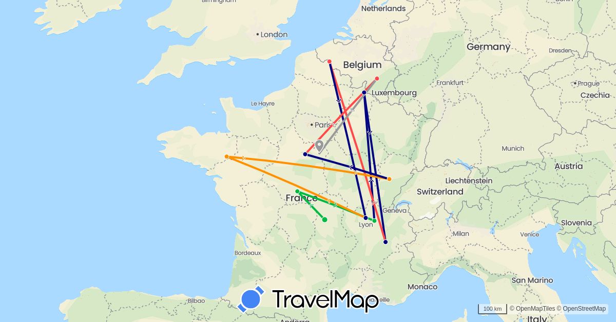 TravelMap itinerary: driving, bus, plane, hiking, hitchhiking in Belgium, France (Europe)